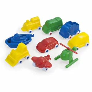 A collection of nine brightly colored plastic toy vehicles, including a train, car, truck, boat, bulldozer, airplane, and helicopter.