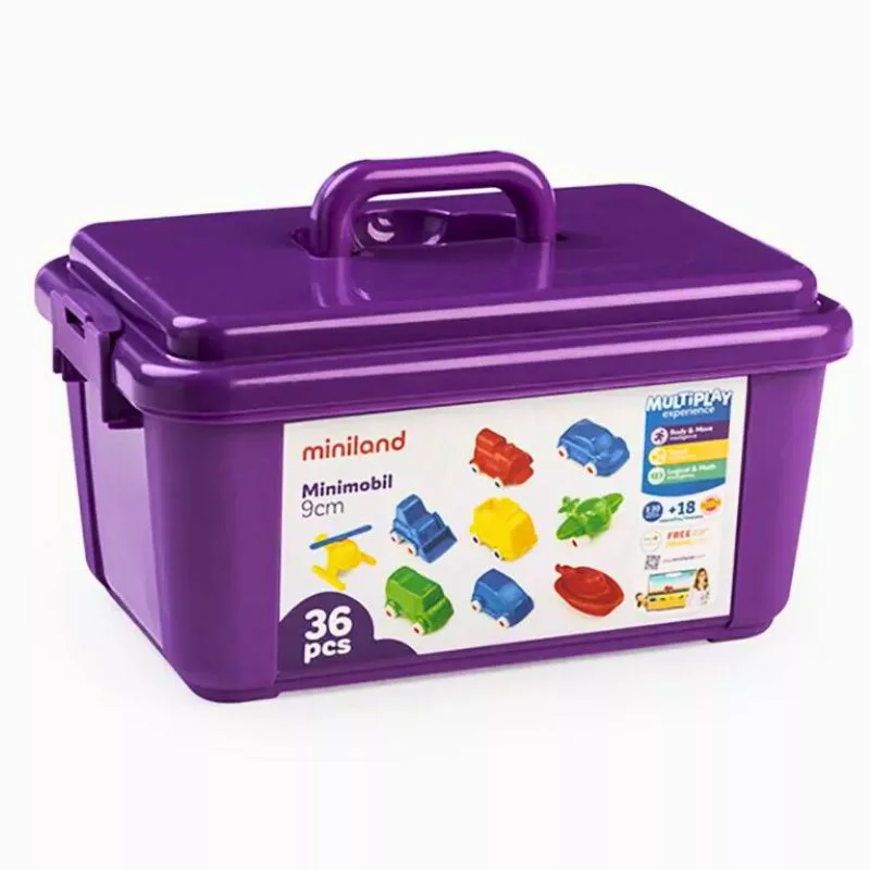A purple Miniland Minimobil toy set container with a label showing 36 assorted small plastic vehicles, including cars, a helicopter, and a plane.