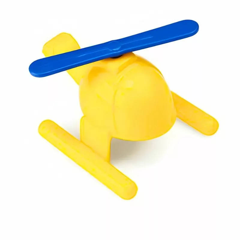 Yellow plastic toy helicopter with a blue main rotor and yellow landing gear on a white background.