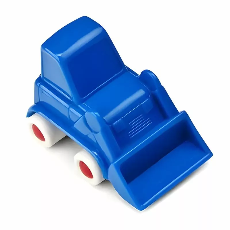 A bright blue plastic toy construction vehicle, specifically a front loader, with white wheels and red hubs, shown on a white background.