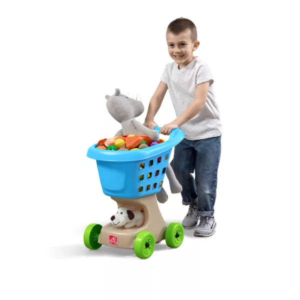 a boy pushing a blue shopping cart toy