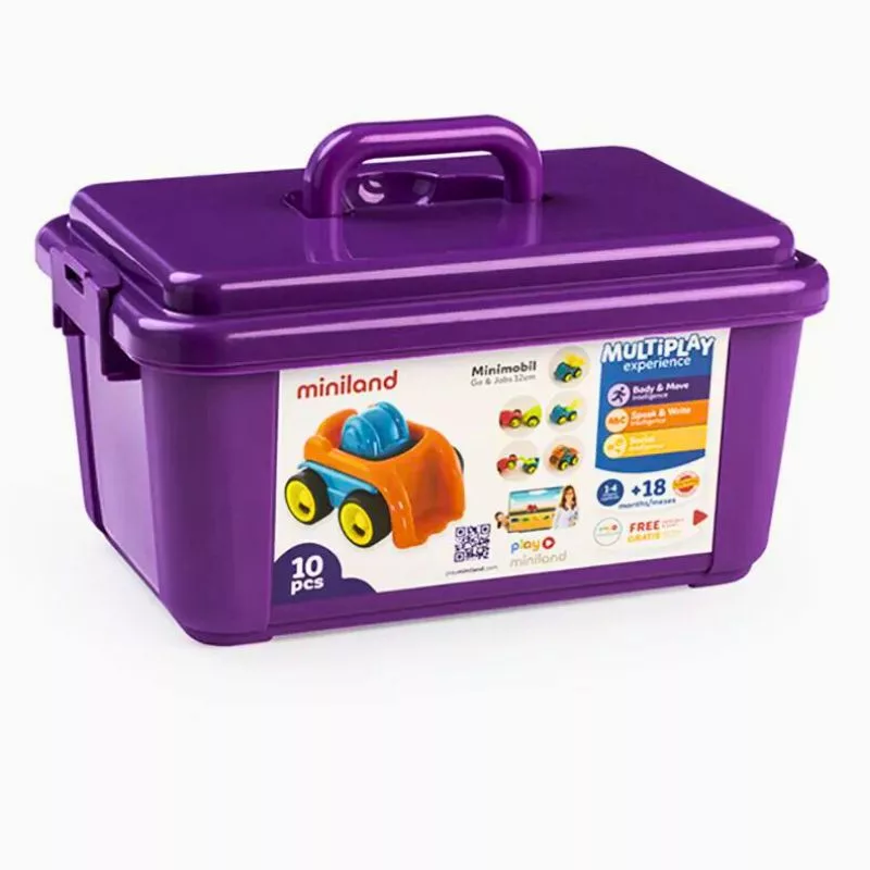 A purple Miniland Minimobil Go & Jobs toy set container with an orange and blue vehicle shown on the label. The set includes 10 pieces.