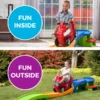 two pictures show kids playing with a roller coaster toy indoors and outdoors