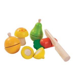 assorted fruit set with a wooden knife