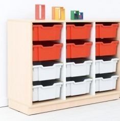 wooden cabinet with partitions and plastic containers red