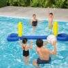 family playing in a pool with a volleyball set