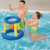 mom and boy playing in a pool with Splash 'N' Hoop Water Game