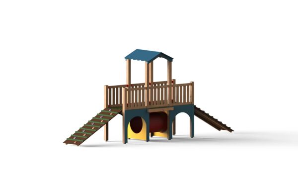 dog play center with ramps and tunnels angle view