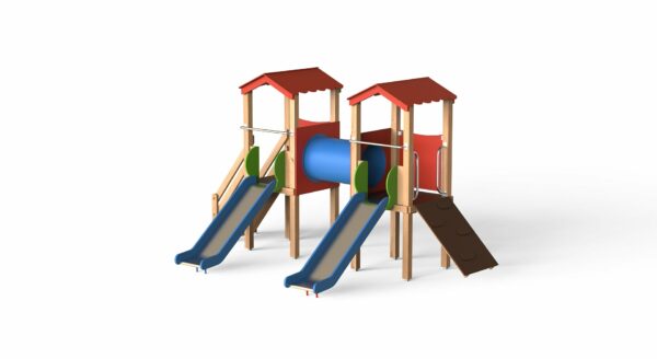 wooden play center with two slides and a tunnel angle view