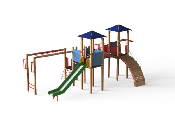 outdoor play center with a slide and climbers angle view