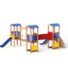 outdoor play center with two slides, a tunnel and a climber