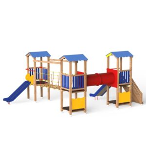 wooden play center with two slides