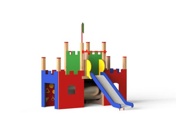 wooden castle play center with a slide