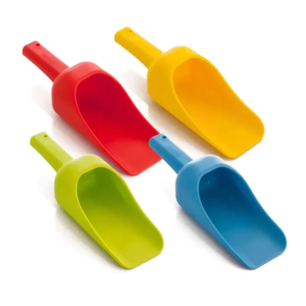 four different color shovels
