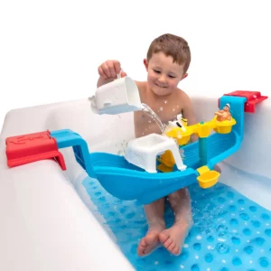 boy playing with a nautical rain shower bath set in a bath tab