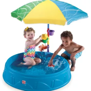 boy and girl play with a plastic shade pool filled with water