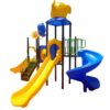 outdoor playground with one double, two single slides and a tunnel in blue and yellow colors