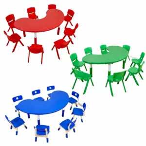 plastic moon-shaped table blue, green red