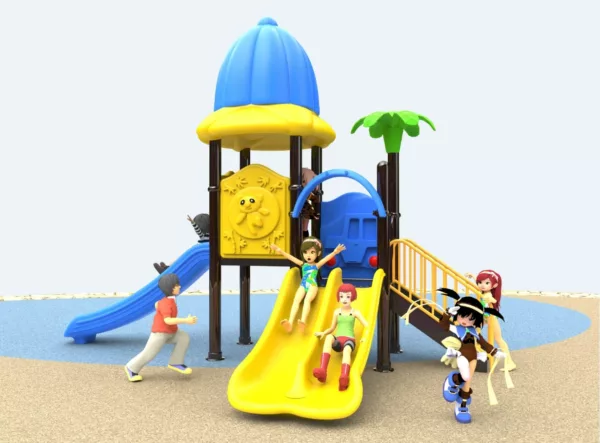 outdoor playground with three slides and a ladder for kindergardens and parks