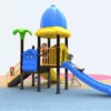 outdoor playground with three slides and a ladder for kindergardens and parks back view