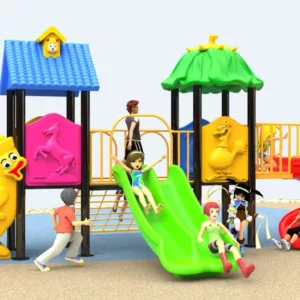 outdoor playground with four slides and a climbing ladder for kindergartens and parks