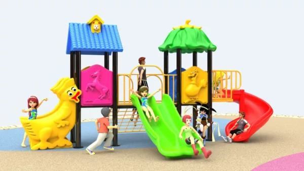 outdoor playground with four slides and a climbing ladder for kindergartens and parks