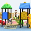 outdoor playground with four slides and a climbing ladder for kindergartens and parks back view