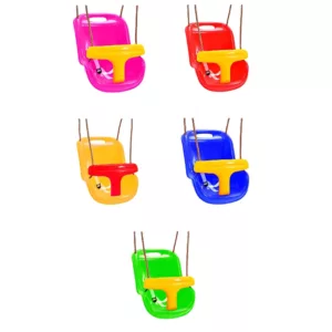 five toddler's swing seats in pink, red, yellow, blue and green colors