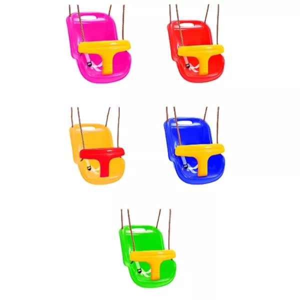 five toddler's swing seats in pink, red, yellow, blue and green colors