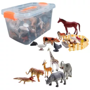 assortment of plastic animal figures with transparent storage box