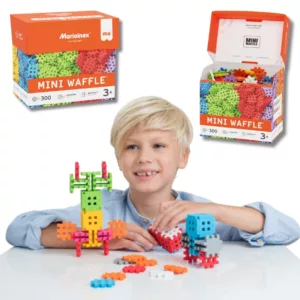 boy playing with building blocks and two photos of storage box open and closed