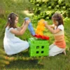 two girls playing with colorful waffle blocks