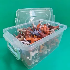 plastic animals in a transparent box