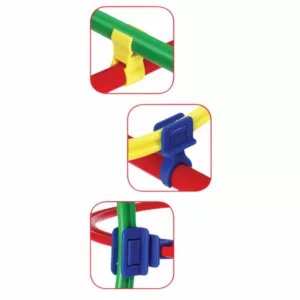 Three close-up images show different types of colorful plastic connectors joining plastic rods and hoops. The connectors are in yellow and blue, securely holding red, green, and yellow rods and hoops together at various angles. These connectors are likely used in children's construction or physical play sets for building structures or obstacle courses.