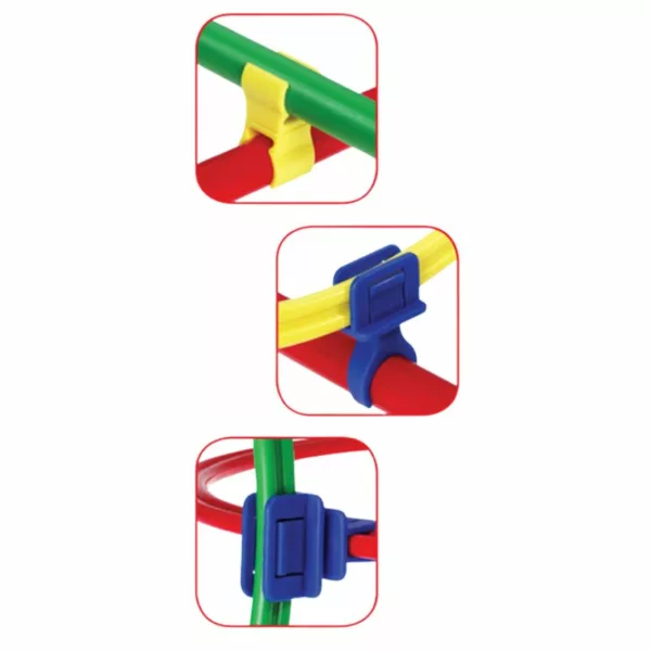 Three close-up images show different types of colorful plastic connectors joining plastic rods and hoops. The connectors are in yellow and blue, securely holding red, green, and yellow rods and hoops together at various angles. These connectors are likely used in children's construction or physical play sets for building structures or obstacle courses.