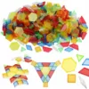 colorful transparent pattern blocks in various geometric shapes.