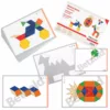 A collection of pattern block activity cards by Betzold, featuring colorful geometric shape designs for children to replicate. The cards display various creative figures such as animals and objects, made from hexagons, triangles, squares, and trapezoids. Some cards show completed designs, while others provide outlines for children to fill in.