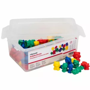 Plastic storage box containing 96 colorful math counting bears in red, yellow, blue, and green, with some bears displayed outside the box for demonstration.
