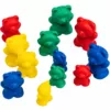 Assorted colorful plastic counting bears in red, yellow, green, and blue, arranged in pairs by size and color for educational use.