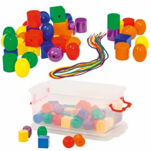 Colorful plastic lacing beads in various shapes and sizes, with rainbow-colored laces and a clear storage container.
