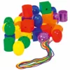 Colorful plastic lacing beads in various shapes and sizes, with rainbow-colored laces.