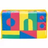 Set of colorful foam building blocks in various shapes and primary colors, neatly packed in a transparent zippered storage bag with a yellow border.
