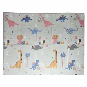 Foldable baby play mat featuring colorful cartoon dinosaurs, balloons, and numbers on a soft foam surface, designed for safe and fun playtime.