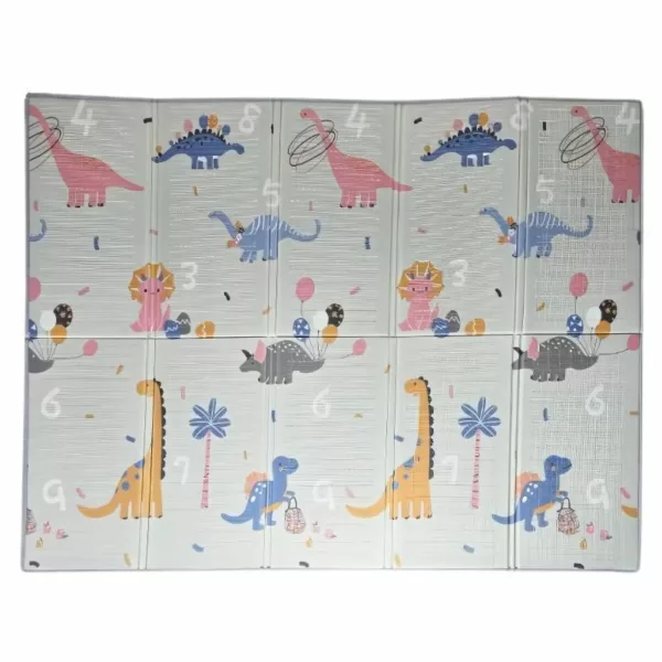 Foldable baby play mat featuring colorful cartoon dinosaurs, balloons, and numbers on a soft foam surface, designed for safe and fun playtime.