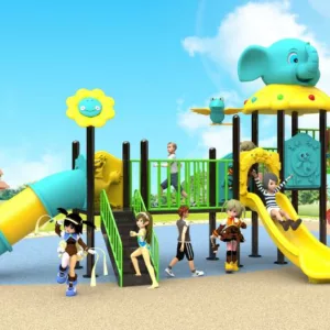 Colorful outdoor playground with slides, climbing structures, and fun decorations including an elephant figure, surrounded by children playing actively.