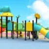 Colorful outdoor playground with slides, climbing structures, and fun decorations including an elephant figure, surrounded by children playing actively (back view)