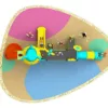 Colorful outdoor playground with slides, climbing structures, and fun decorations including an elephant figure, surrounded by children playing actively (top view)
