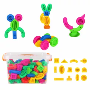 A transparent storage box filled with colorful interlocking building blocks in various shapes and colors, with sample assembled figures and vehicles displayed above.