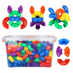 A transparent storage box filled with colorful curved plastic building blocks in red, blue, green, yellow, purple, and orange, with sample assembled creations shown above.