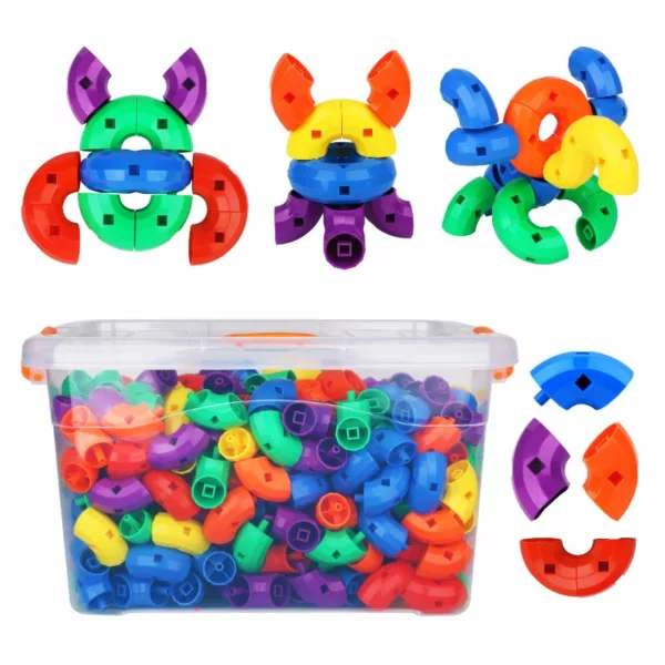 A transparent storage box filled with colorful curved plastic building blocks in red, blue, green, yellow, purple, and orange, with sample assembled creations shown above.